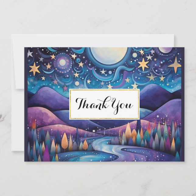 Whimsical Night Big Moon Landscape Party Thank You Card (Front)