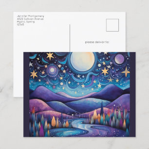 Whimsical Night Big Moon Landscape Postcard