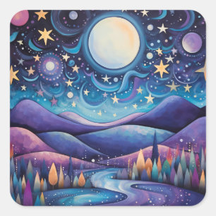 Whimsical Night Big Moon Landscape Square Sticker