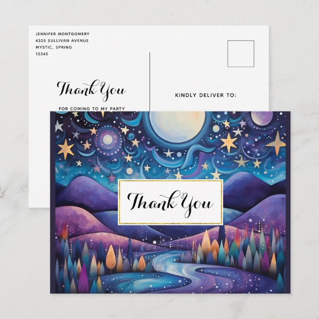 Whimsical Night Big Moon Landscape Thank You Postcard (Front/Back)