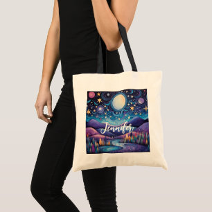 Whimsical Night Big Moon Landscape Tote Bag