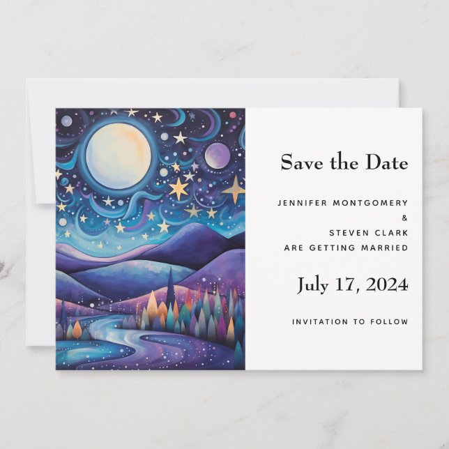 Whimsical Night Big Moon Landscape Wedding Save The Date (Front)