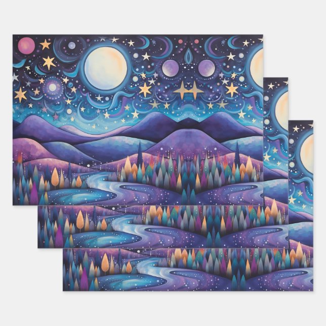 Whimsical Night Big Moon Landscape Wrapping Paper Sheet (Set)