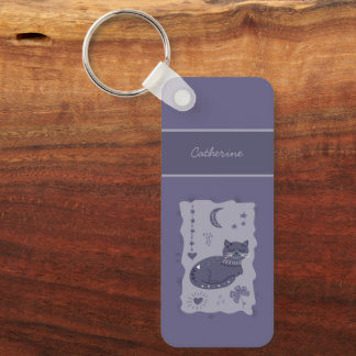 Whimsical Night Cat Folk Art Custom Keychain