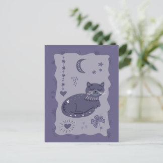 Whimsical Night Cat Folk Art Postcard