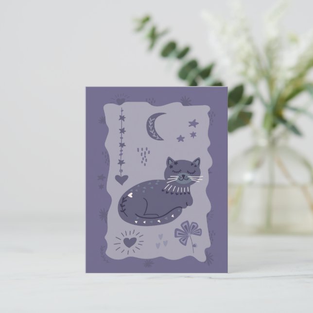 Whimsical Night Cat Folk Art Postcard (Standing Front)