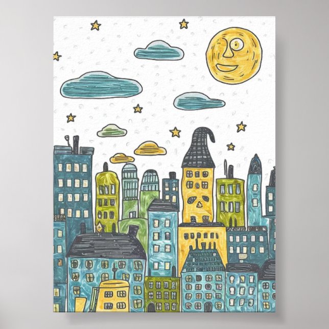 Whimsical Night Cityscape – Playful Hand-Drawn Art Poster (Front)