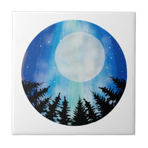 Whimsical Night Full Moon Forest Sky  Blue Circle Tile