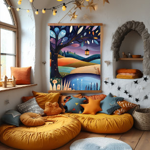 Whimsical Night Landscape Illustration Hanging Tapestry