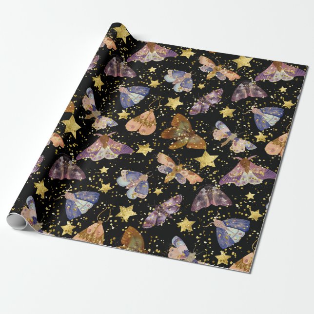 Whimsical Night Moth Butterflies Faux Gold Stars  Wrapping Paper (Unrolled)