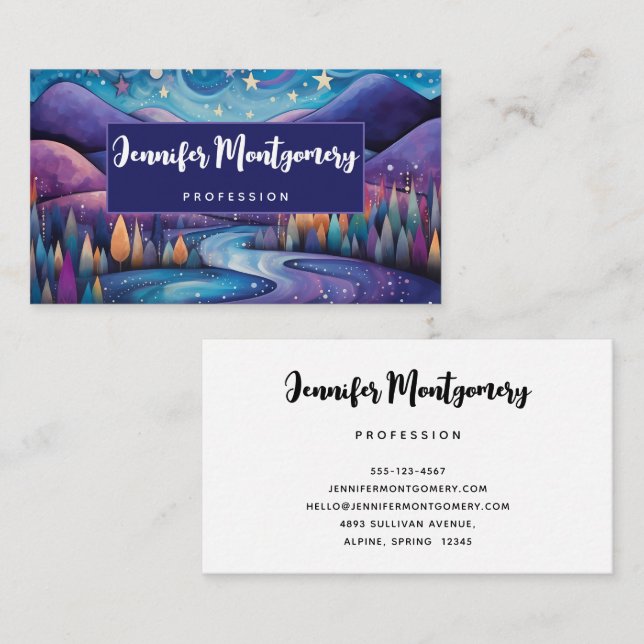 Whimsical Night Mountains and Trees Landscape Business Card (Front/Back)
