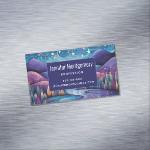Whimsical Night Mountains and Trees Landscape Magnetic Business Card