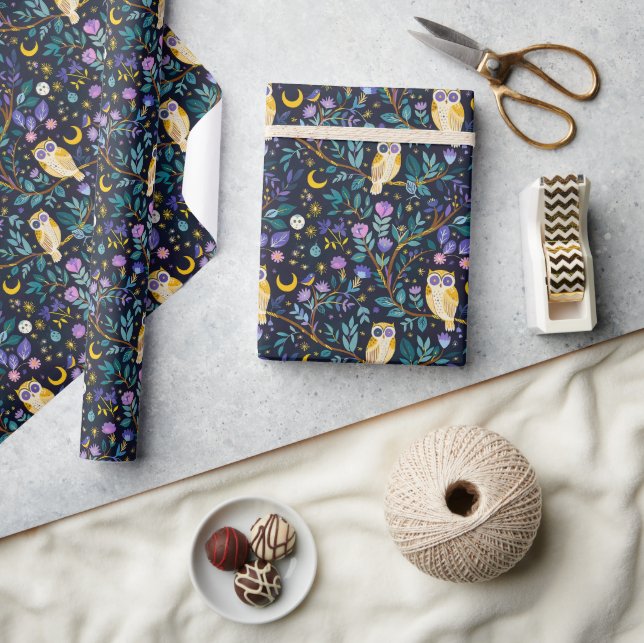 Whimsical Night Owl Pattern – Enchanting Forest  Wrapping Paper (Crafts)