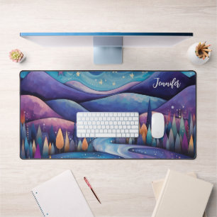 Whimsical Night - River, Trees and Mountains Desk Mat