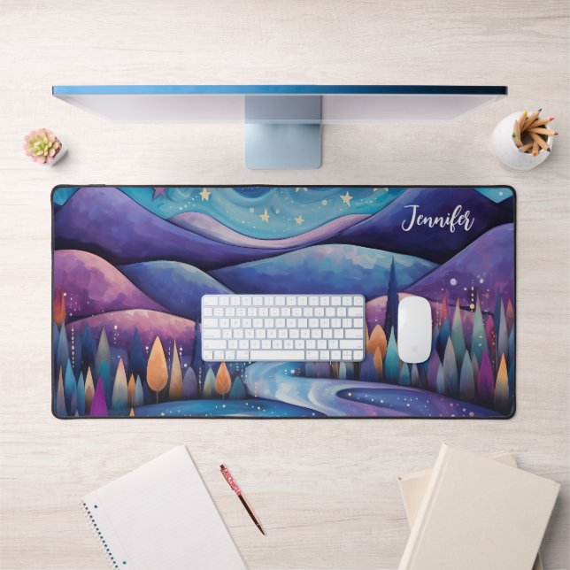 Whimsical Night - River, Trees and Mountains Desk Mat (Office 1)