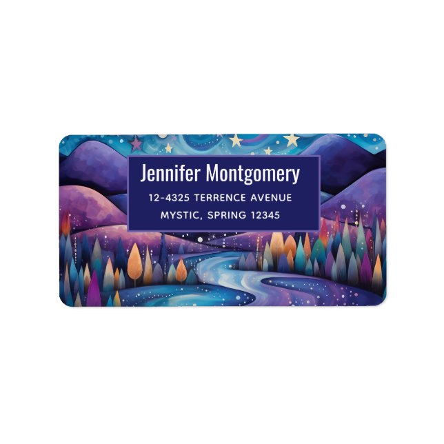Whimsical Night - River, Trees, Mountains Address Label (Front)