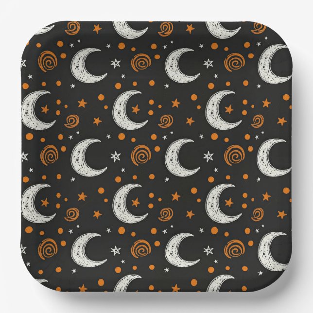 Whimsical Night Sky Crescent Moon Halloween  Paper Plate (Front)