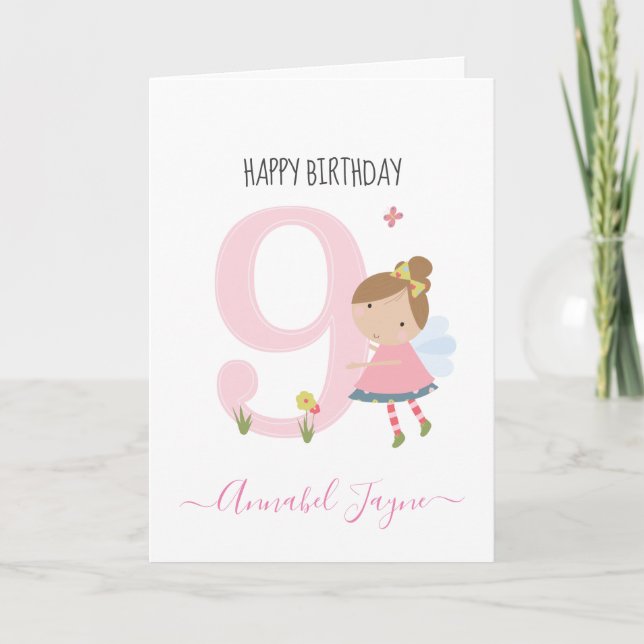 Whimsical Ninth birthday fairy cute pink  Card (Front)