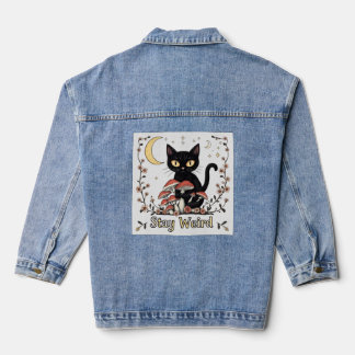 Whimsical noir cat framed by red mushrooms and pal denim jacket