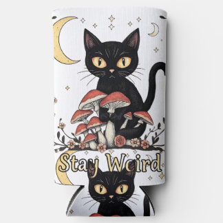 Whimsical noir cat framed by red mushrooms and pal seltzer can cooler