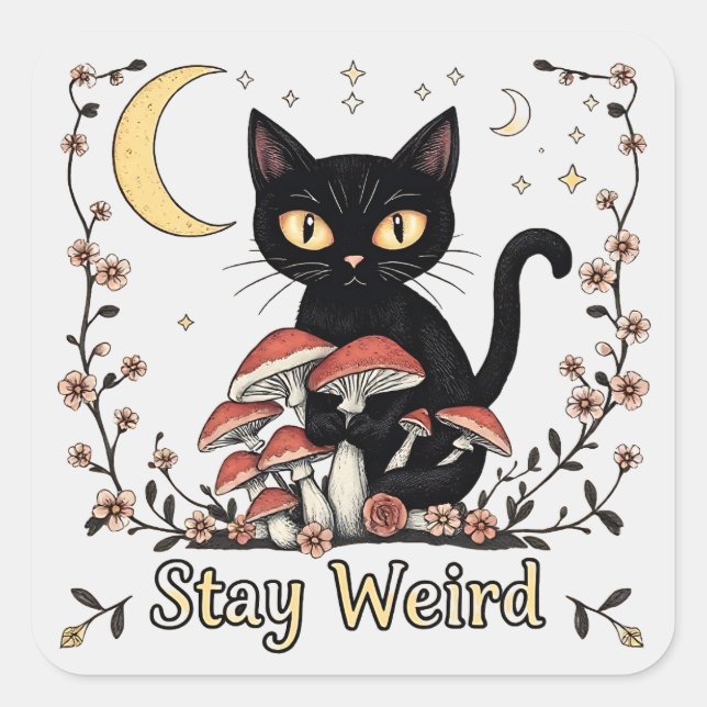Whimsical noir cat framed by red mushrooms and pal square sticker (Front)