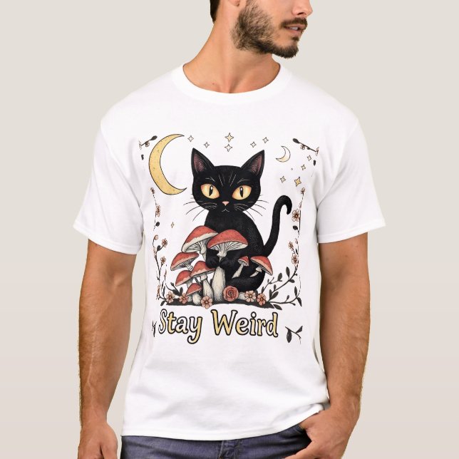 Whimsical noir cat framed by red mushrooms and pal T-Shirt (Front)