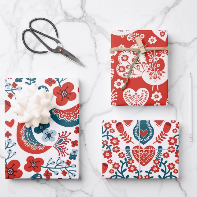 Whimsical Nordic Christmas Birds Wrapping Paper Sheet (Front)