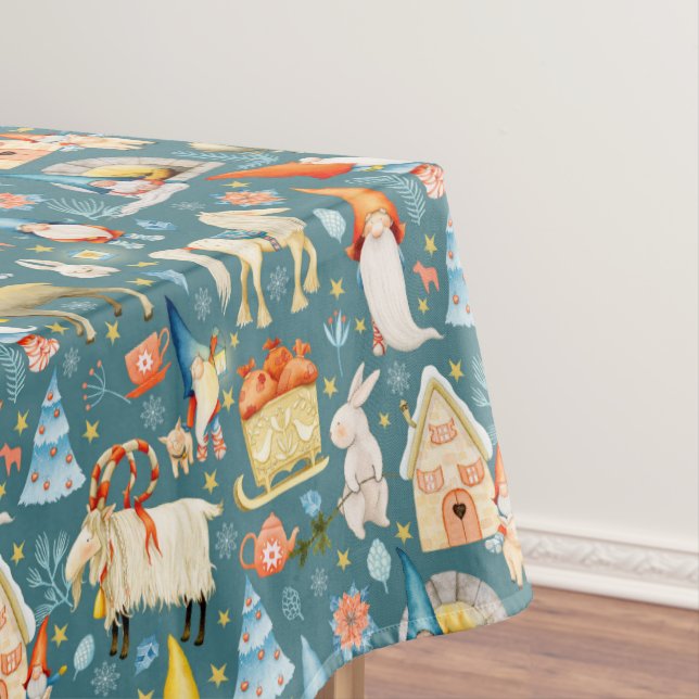 Whimsical Nordic Christmas Gnomes with Animals Tablecloth (In Situ)