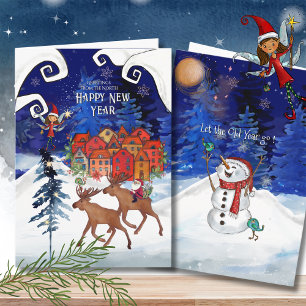 Whimsical Nordic Santa on a Moose Happy New Year  Holiday Card
