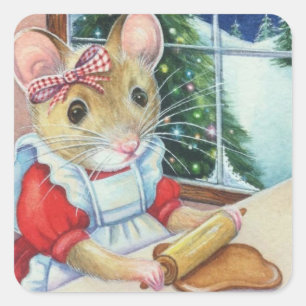 Whimsical North Pole Gingerbread Baker Mouse Art Square Sticker