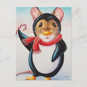 Whimsical North Pole Penguin Watercolor Mouse Art Postcard