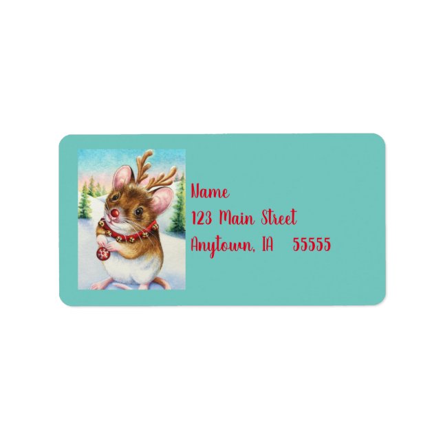 Whimsical North Pole Reindeer Mouse Watercolor Art Label (Front)