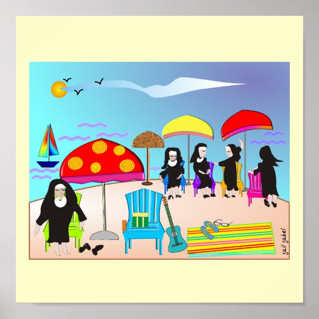 Whimsical Nuns "At The Beach" Art Poster (Front)