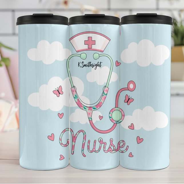 Whimsical Nurse Stethoscope Butterfly Clouds Thermal Tumbler (Creator Uploaded)