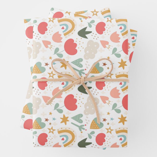 Whimsical Nursery Pattern with Clouds and Stars Wrapping Paper Sheet (In situ)