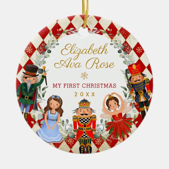 Whimsical Nutcracker Baby 1st First Christmas Ceramic Tree Decoration (Front)