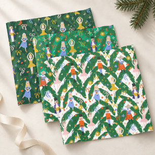 Whimsical Nutcracker Ballet Christmas Green & Bows Wrapping Paper Sheet