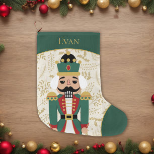 Whimsical Nutcracker Green and Beige Large Christmas Stocking
