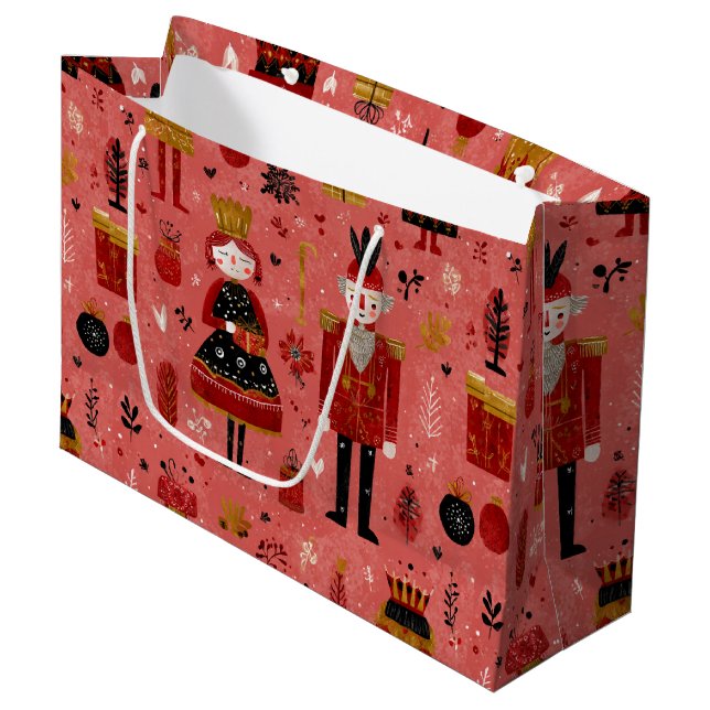 Whimsical Nutcracker Holiday Pattern Large Gift Bag (Front Angled)