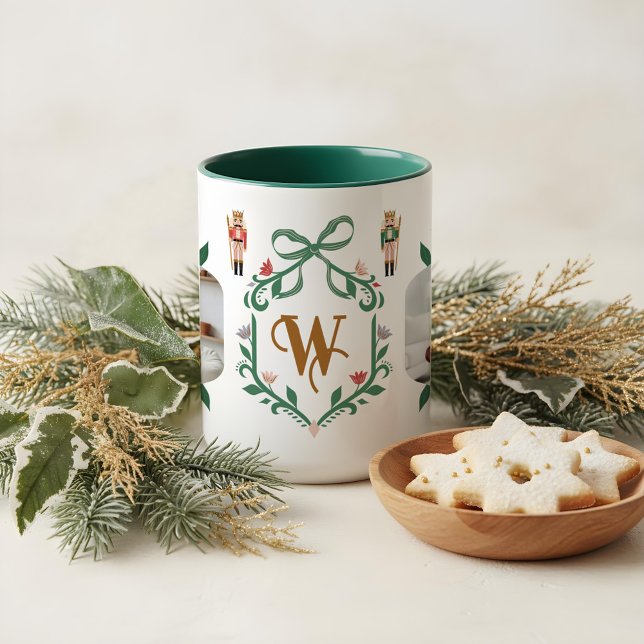 Whimsical Nutcracker Monogram & Photo Green Bow Mug (Whimsical Nutcracker Monogram & Photo Green Bow Mug)