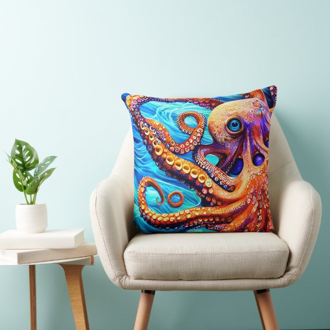 Whimsical Octopus Blue Ocean Wave Cubism  Cushion (Chair)