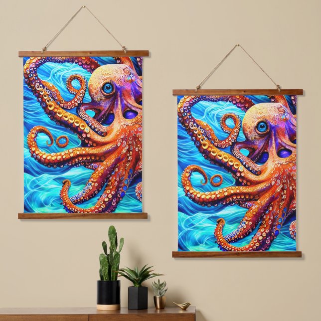 Whimsical Octopus Blue Ocean Wave Cubism Hanging Tapestry (Asymmetrical)
