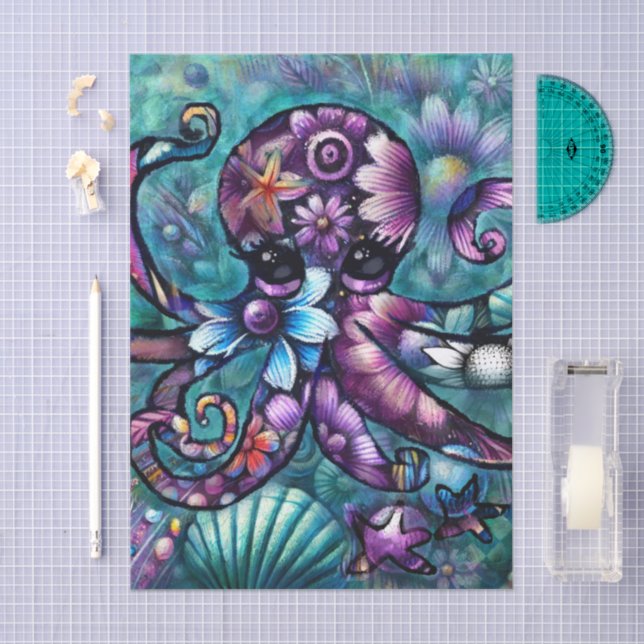 Whimsical Octopus Floral Teal Coastal Decoupage Tissue Paper (Craft)