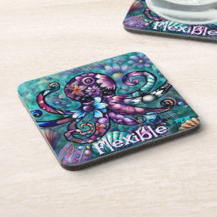 Whimsical Octopus Floral Teal Coastal Personalised Coaster