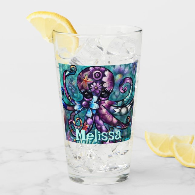 Whimsical Octopus Floral Teal Coastal Personalised Glass (Front Ice)