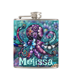 Whimsical Octopus Floral Teal Coastal Personalised Hip Flask