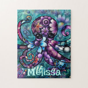 Whimsical Octopus Floral Teal Coastal Personalised Jigsaw Puzzle