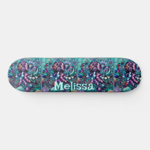Whimsical Octopus Floral Teal Coastal Personalised Skateboard