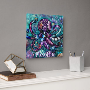 Whimsical Octopus Floral Teal Coastal Personalised Square Wall Clock