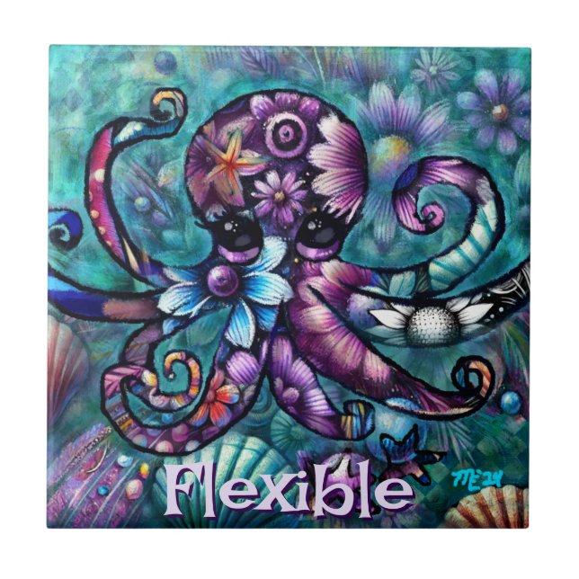 Whimsical Octopus Floral Teal Coastal Personalised Tile (Front)